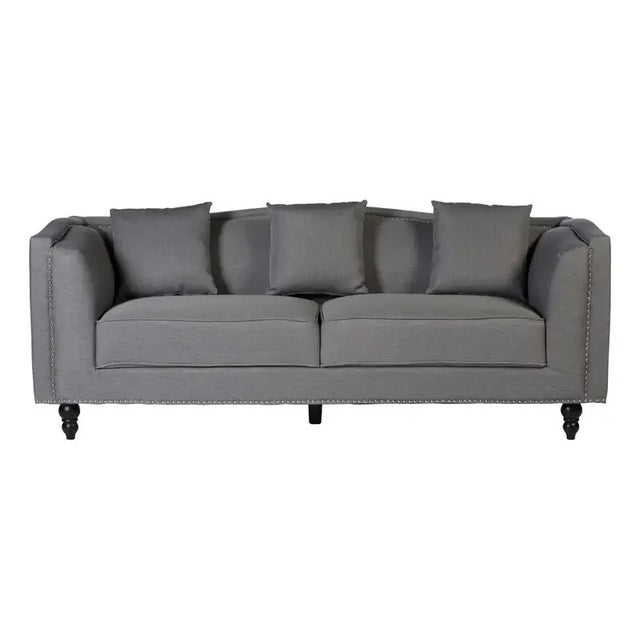 Modern Grey 3 Seater Fabric Sofa with Stud Detail & Wood Legs 300kg Max