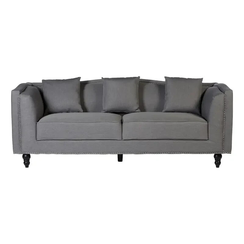 Modern Grey 3 Seater Fabric Sofa with Stud Detail & Wood Legs 300kg Max