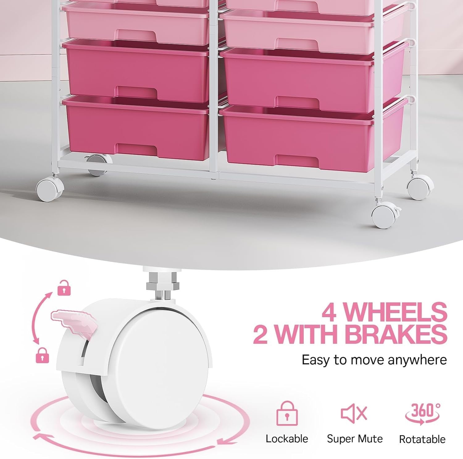 12 Drawer Rolling Storage Cart Makeup Craft Organizer Trolley Pink