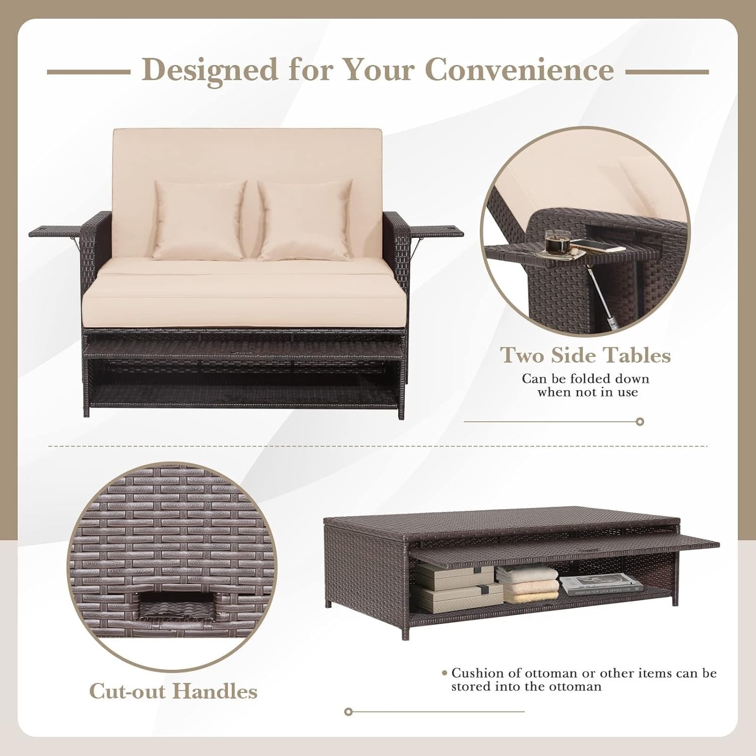 Beige+Brown 2-Seater Rattan Daybed Outdoor with Adjustable Back & Ottoman