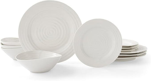 12 Piece White Porcelain Dinner Set Plates Bowls Modern Ribbed Tableware