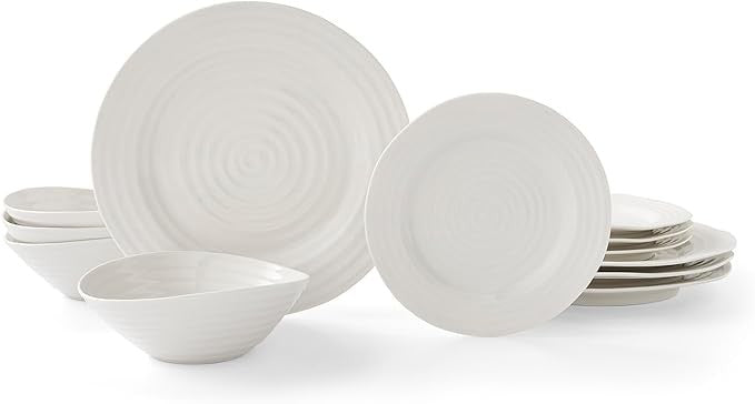12 Piece White Porcelain Dinner Set Plates Bowls Modern Ribbed Tableware