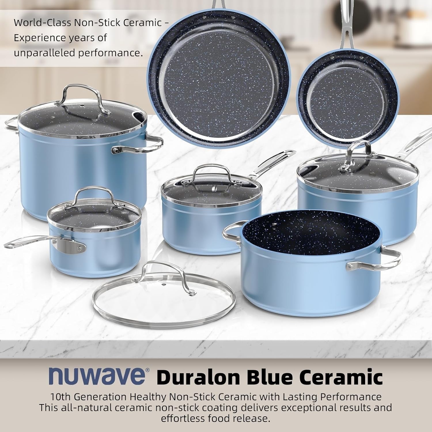 12pcs Blue Ceramic Non Stick Induction Cookware Set – Pots & Pans with Lids