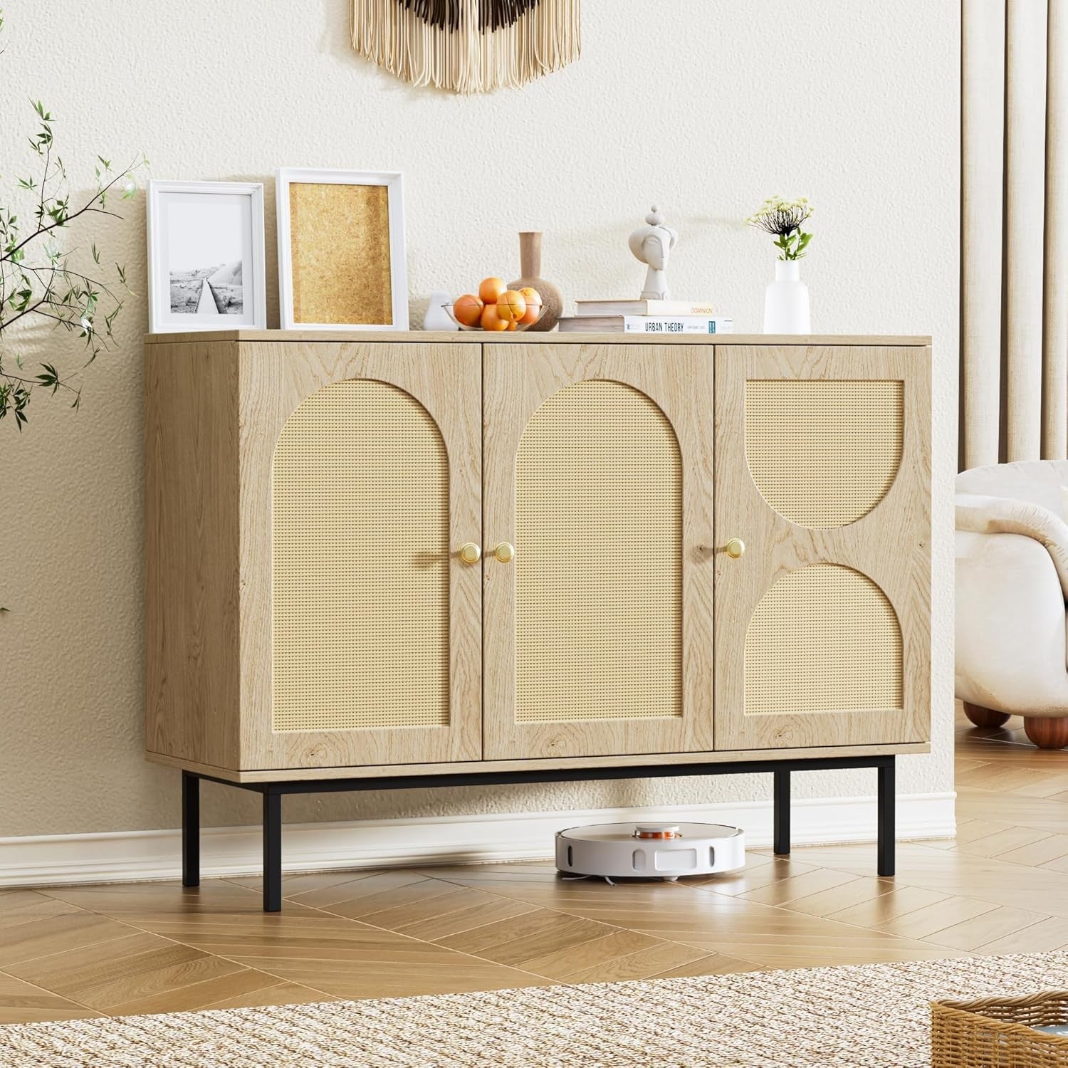 Rattan Sideboard Cabinet 3 Door Wooden Storage Unit for Dining Room