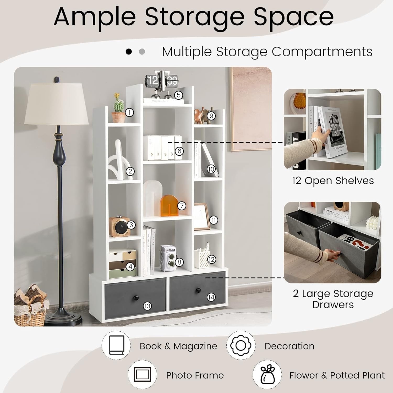 12-Tier White Wooden Bookshelf with 2 Foldable Drawers, Waterproof Storage