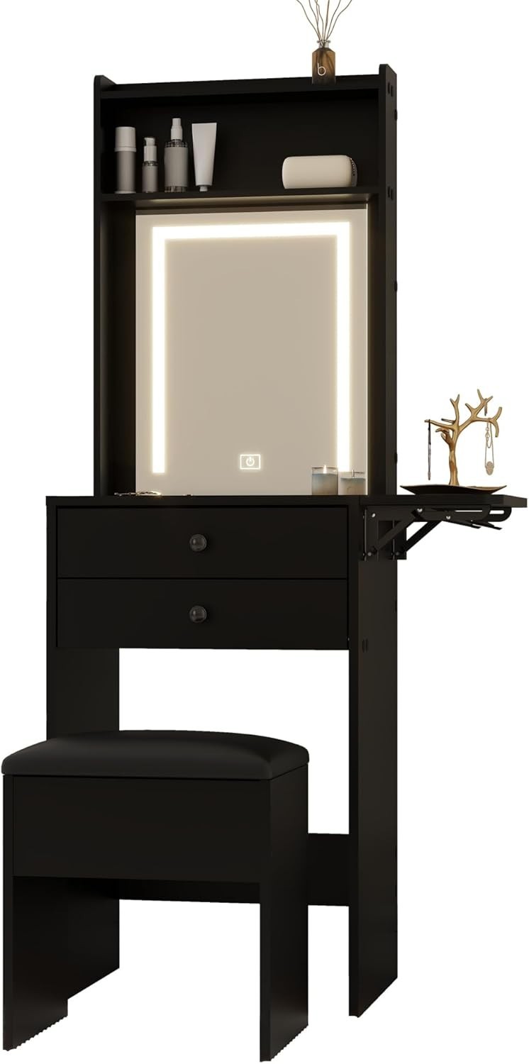 Modern Vanity Makeup Dressing Table w/ LED Mirror Storage Expandable Black