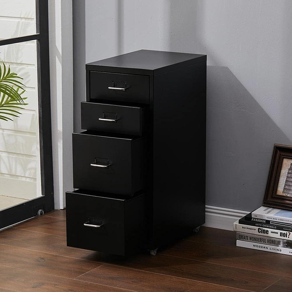 Slim Metal Rolling File Cabinet 4 Drawer Mobile Office Storage Black