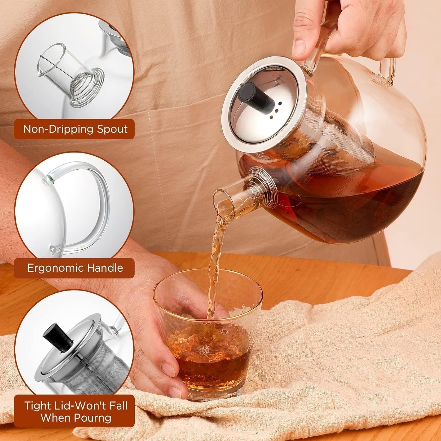 Glass Teapot 800ml w/ Stainless Steel Infuser Stovetop Safe Tea Pot