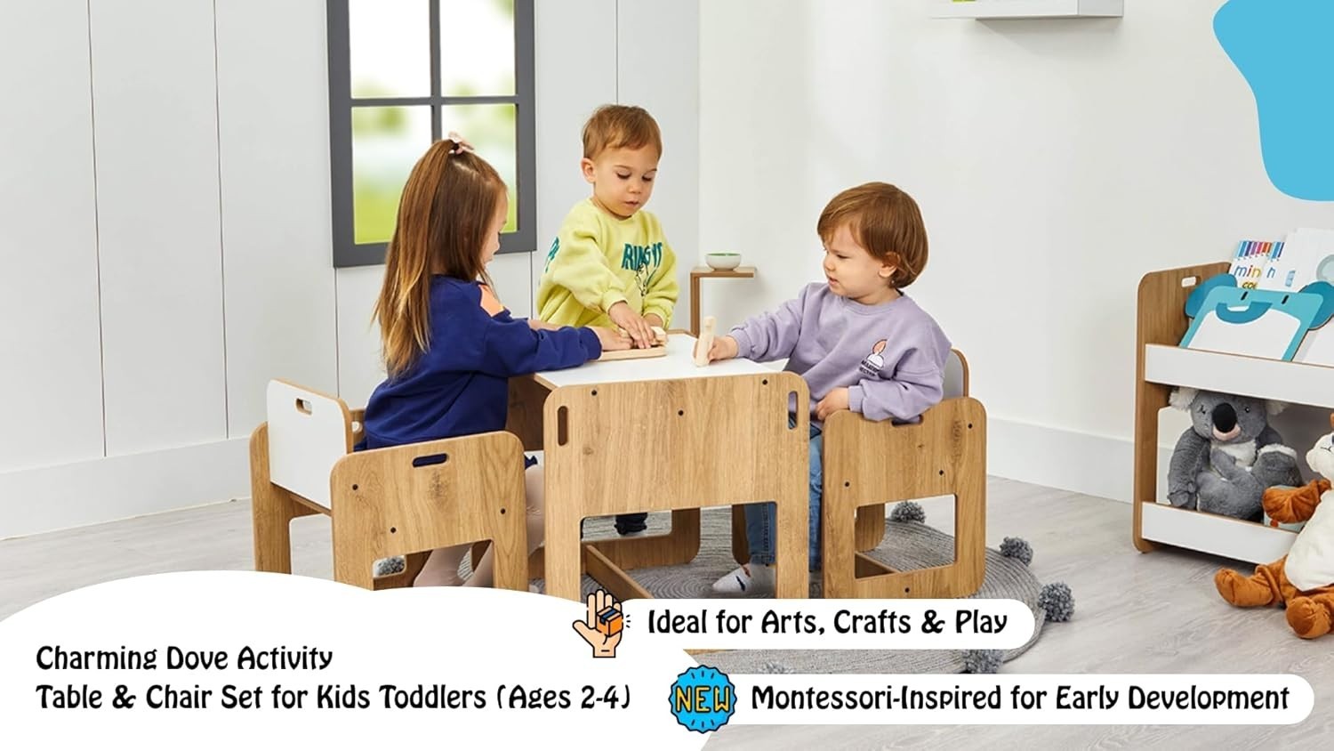 Kids Square Table & 2 Chairs Set MDF Natural Wood-Look, Safe Durable Play