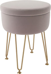 Light Pink Velvet Storage Ottoman Round Footstool Hairpin Leg Stool 33x43cm