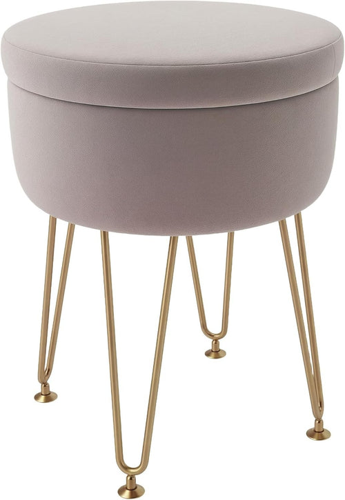 Light Pink Velvet Storage Ottoman Round Footstool Hairpin Leg Stool 33x43cm