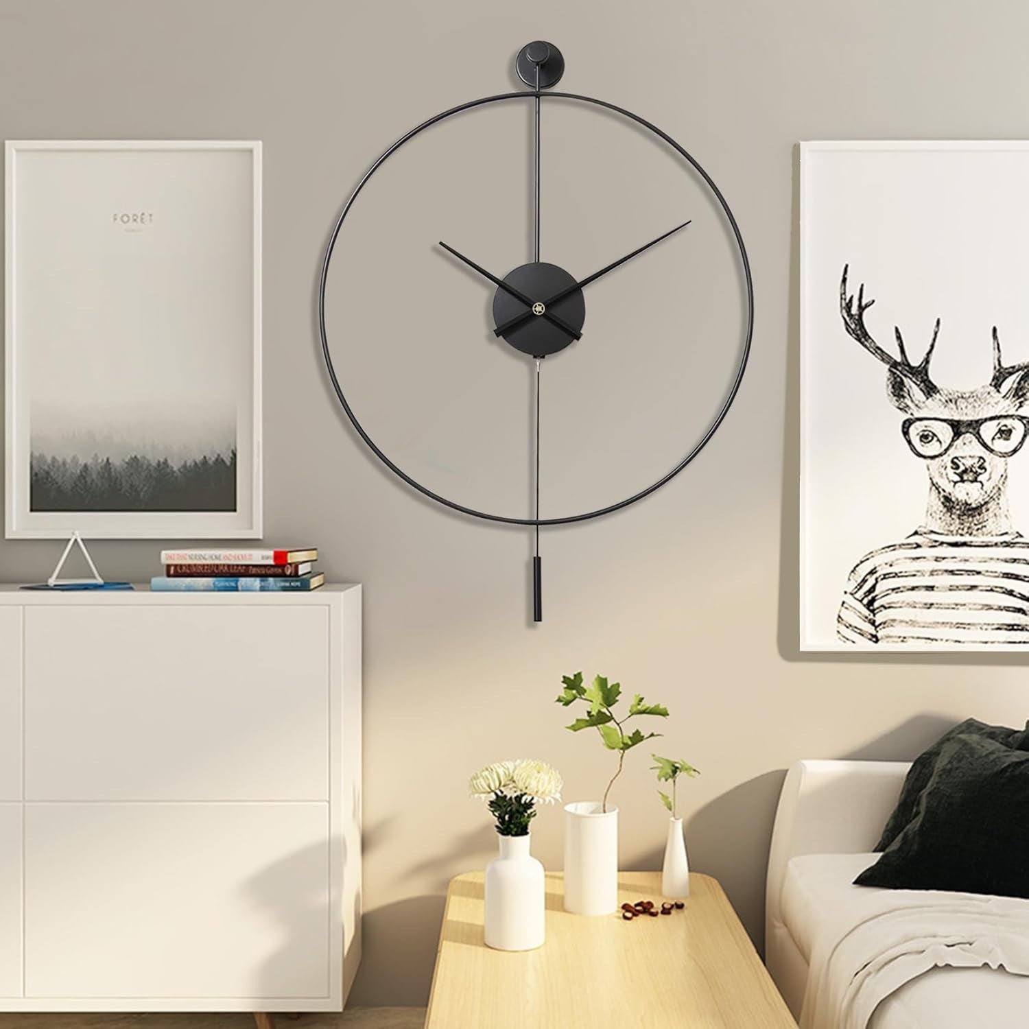 Silent Large Wall Clock with Pendulum - Modern Non-Ticking Metal Decor 24"