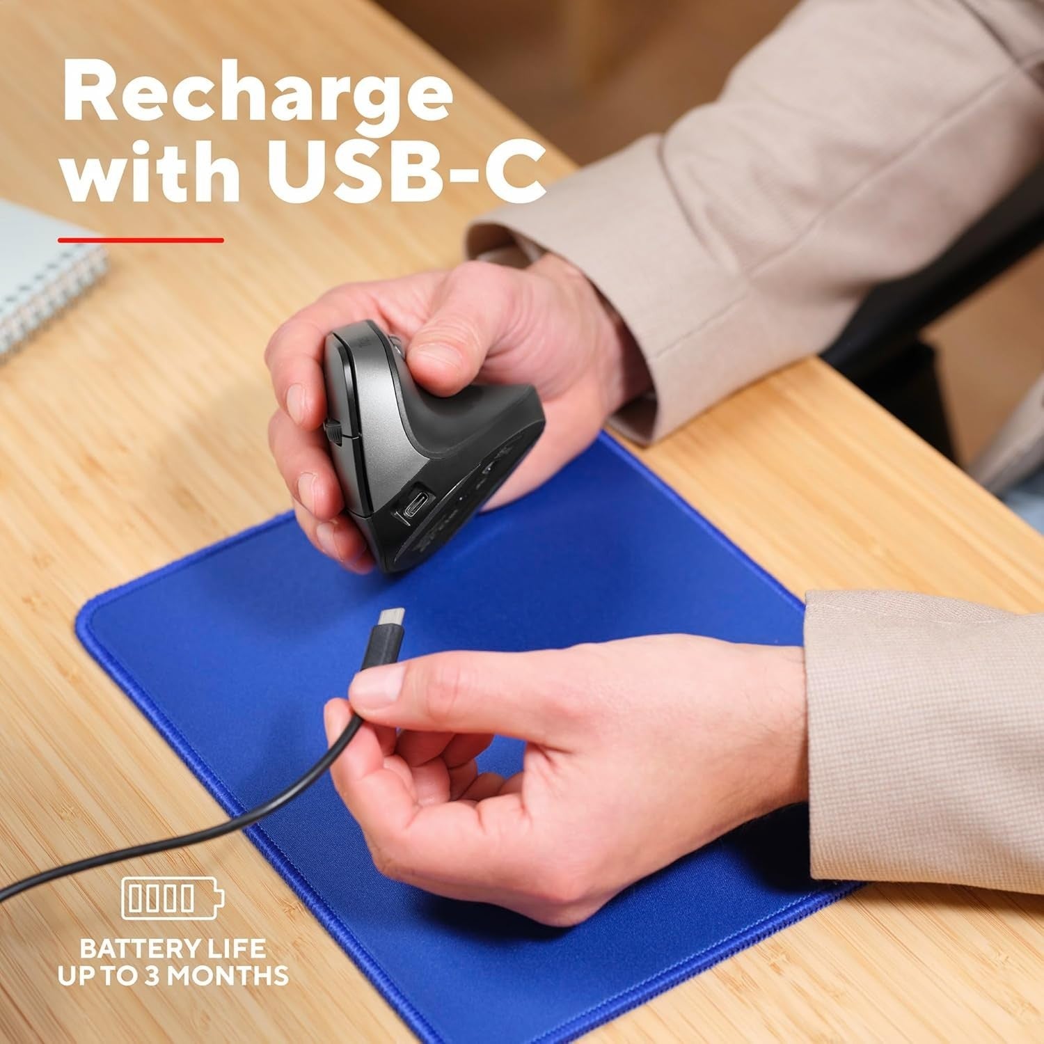 Rechargeable Vertical Ergonomic Mouse 2400 DPI 6 Button USB Black