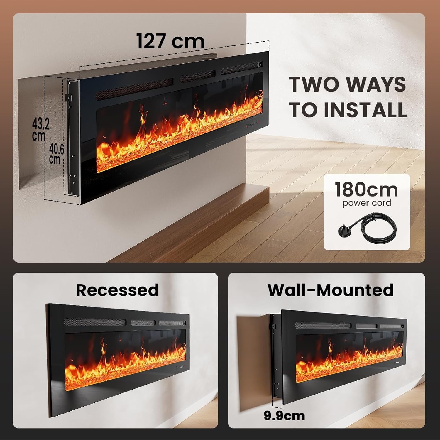 50" Wall Mounted Electric Fireplace Heater LED Remote App Control Slim