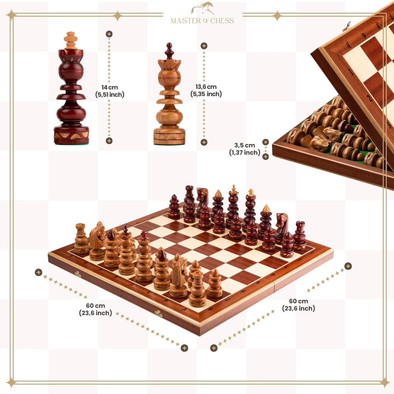 59cm Large Wooden Chess Set | Handcrafted Staunton Pieces | Premium Inlaid Board