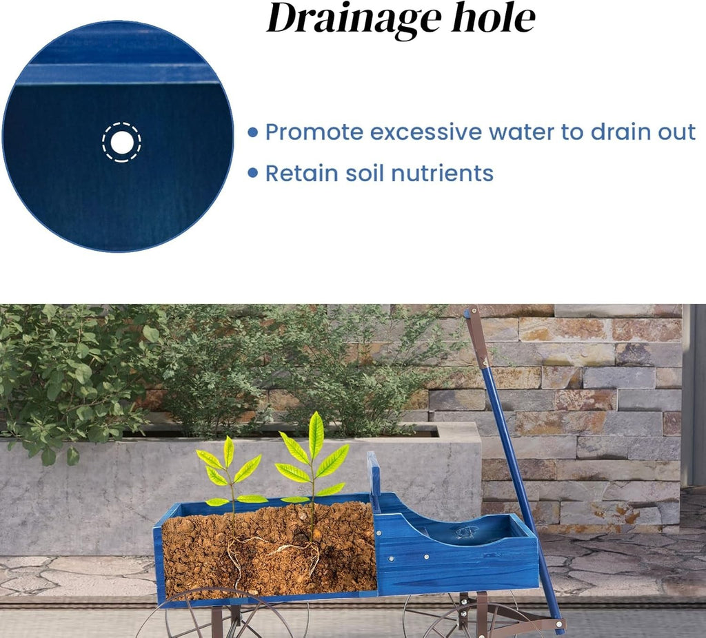 4-Wheel Wooden Garden Wagon & Blue Planter Cart w/ Handle for Outdoor Flower