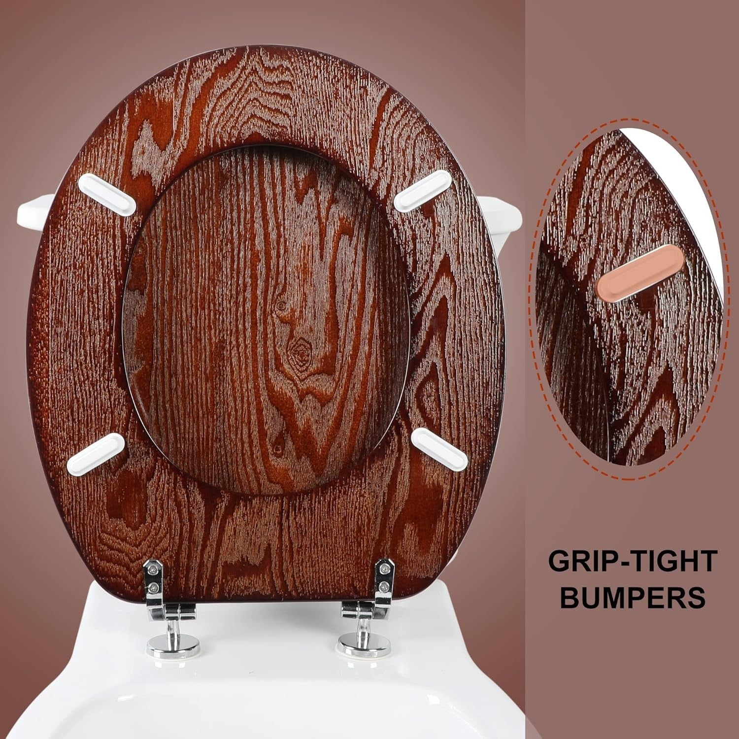 Angel Shield Wooden Toilet Seat Antibacterial Oval Dark Walnut Adjustable Zinc
