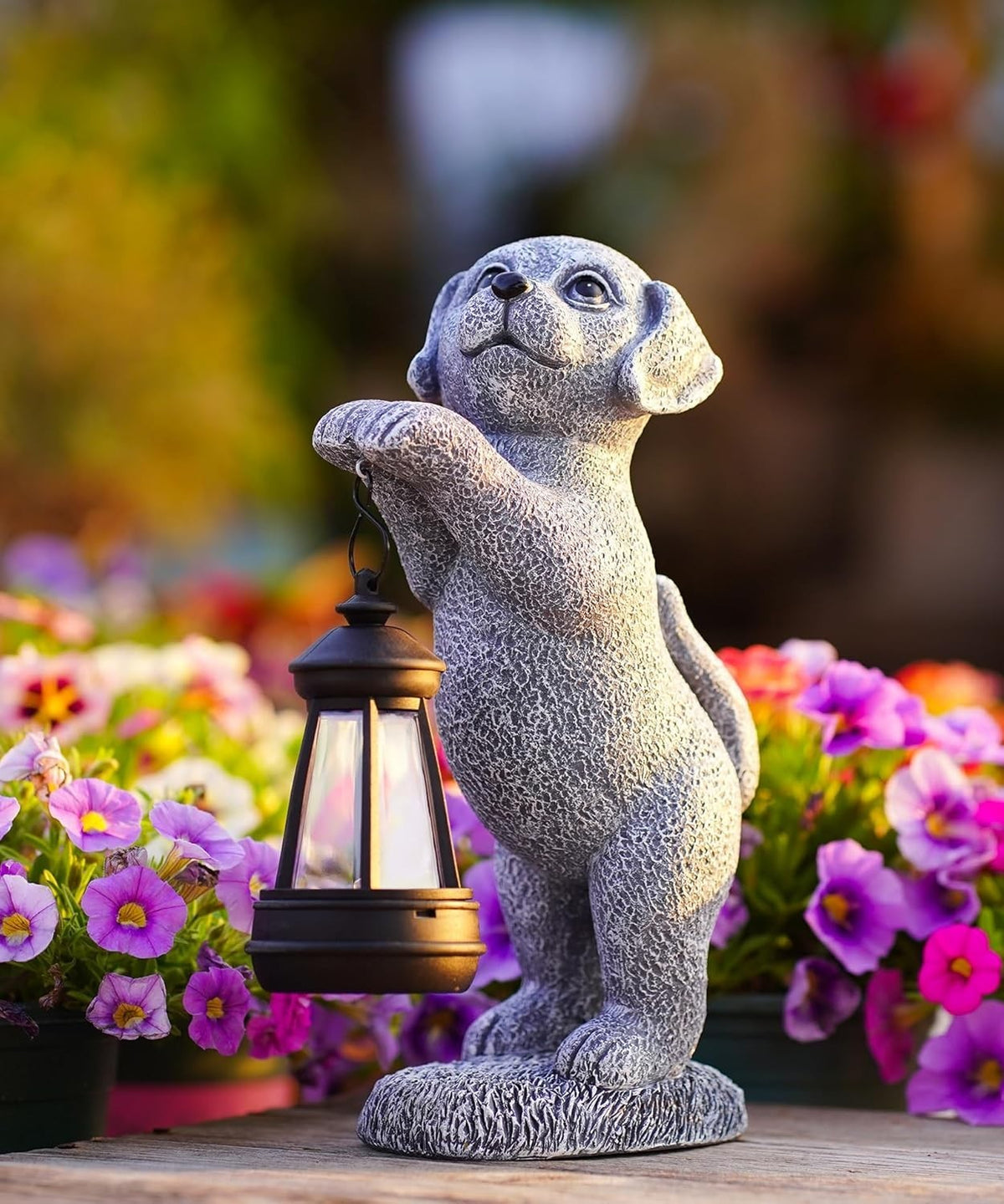 Solar Dog Garden Ornament with Lantern | Outdoor LED Statue Patio Lawn Decor