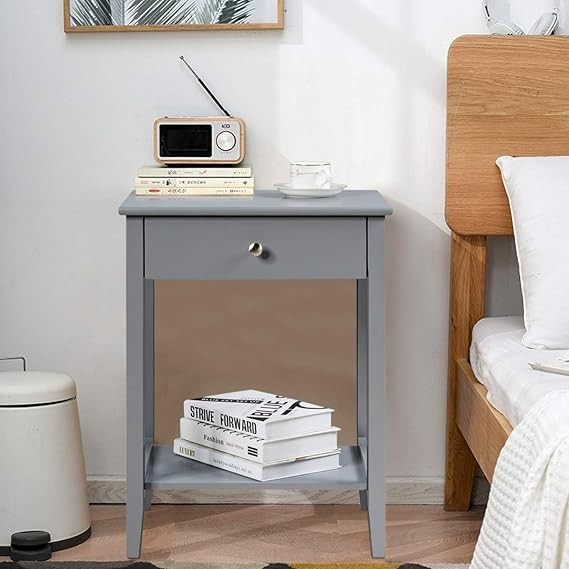 Grey Bedside Table with Drawer & Shelf | Compact Nightstand Storage | Solid Wood