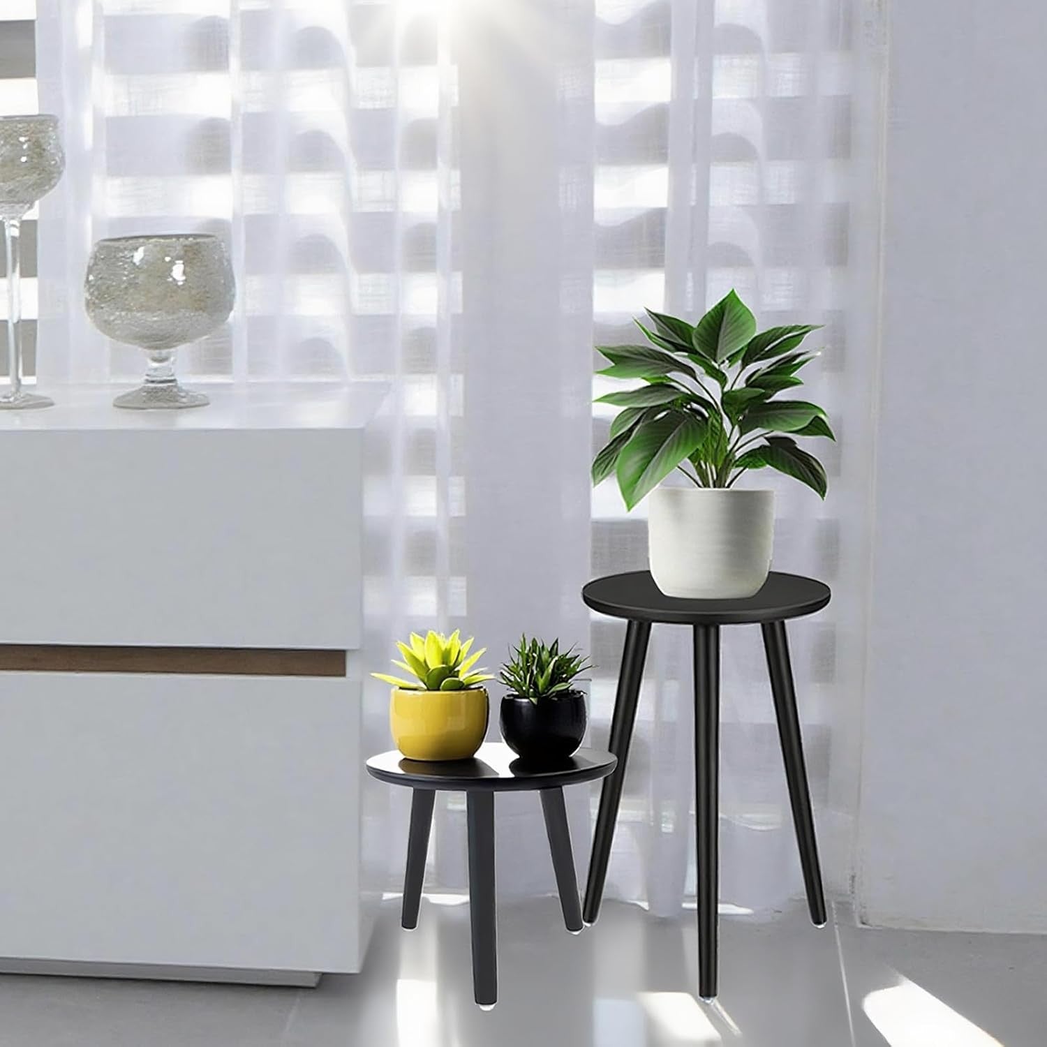 2 Pack Wooden Plant Stand Set | Modern Black Flower Pot Tables for Home Decor