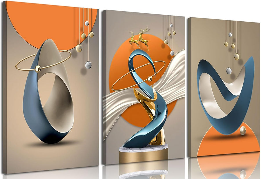 3Pcs Modern Abstract Canvas – Gold Deer Lines White Blue Orange Wall Art