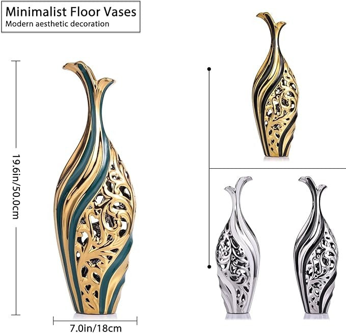 Tall Black Gold Floor Vase 50cm Modern Pampas Grass Luxury Decor