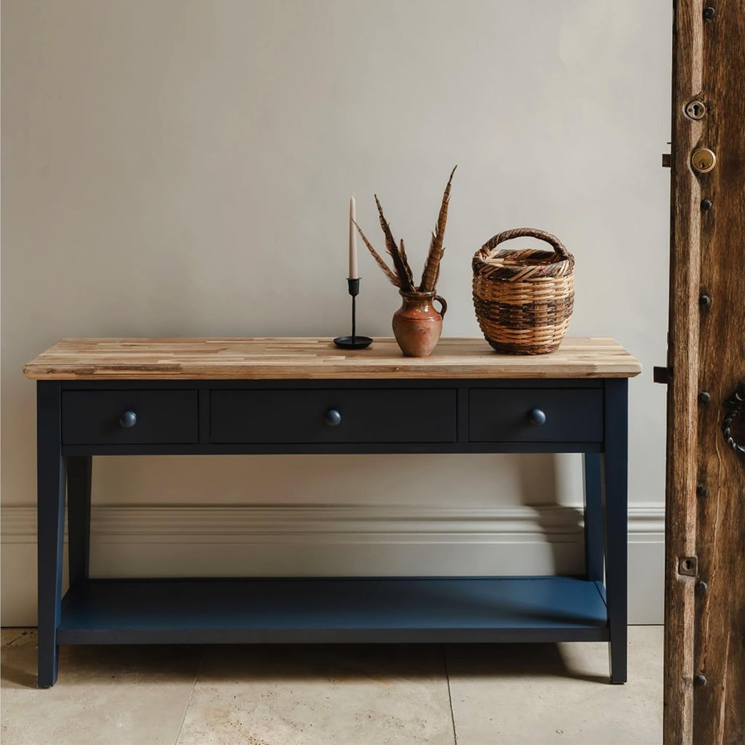 Navy Blue Console Table with Drawers & Shelf, Acacia Top, 143cm Wide
