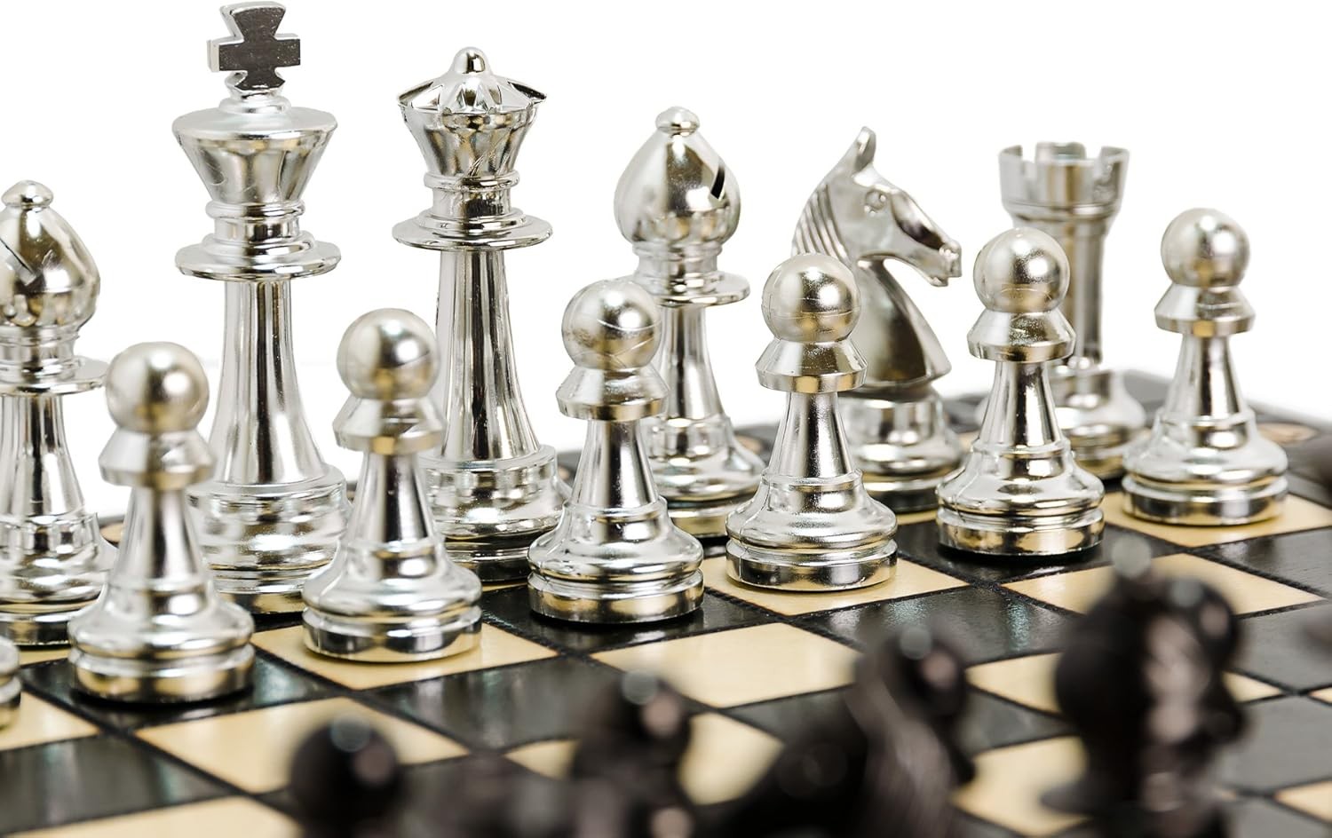 Metallic Staunton Chess Set 41cm Foldable Wooden Board Luxury Silver Pieces