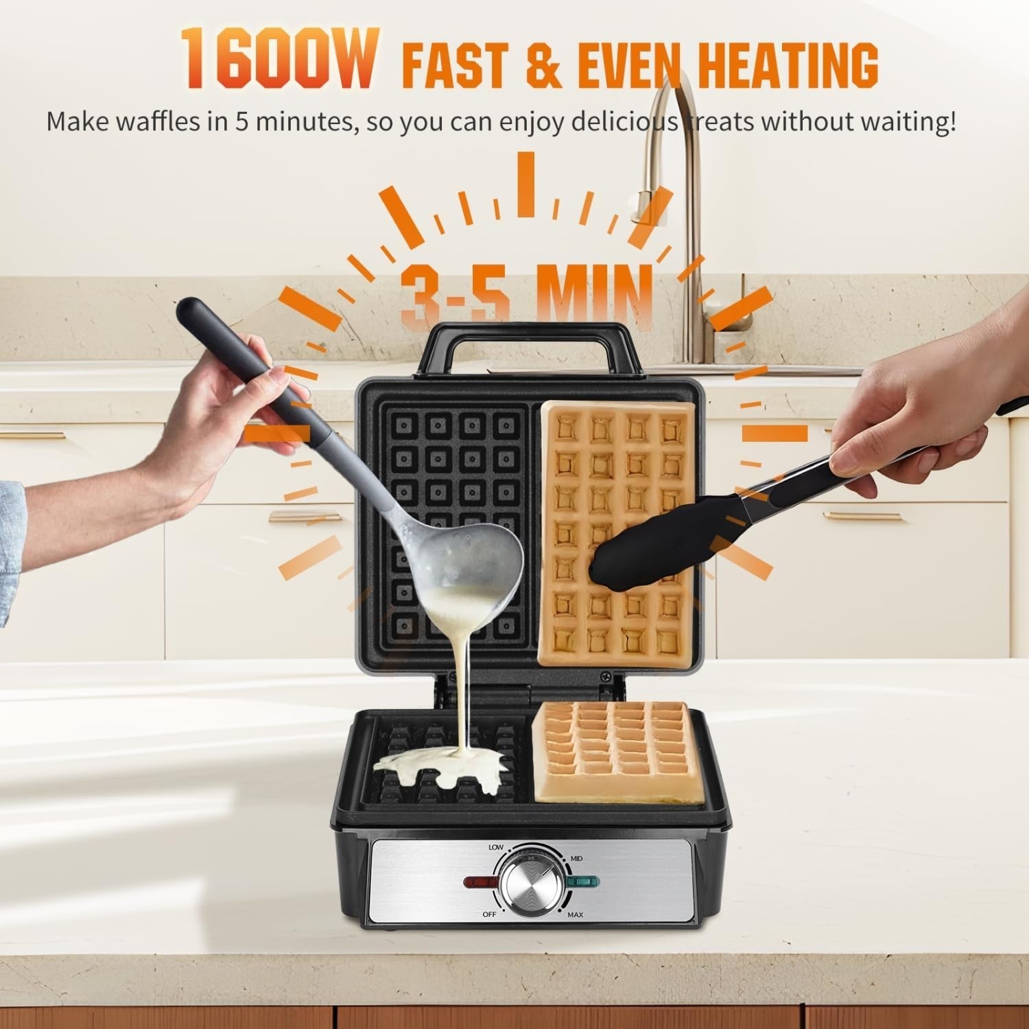 Deep Fill Waffle Maker 1600W Non-Stick Adjustable Temperature