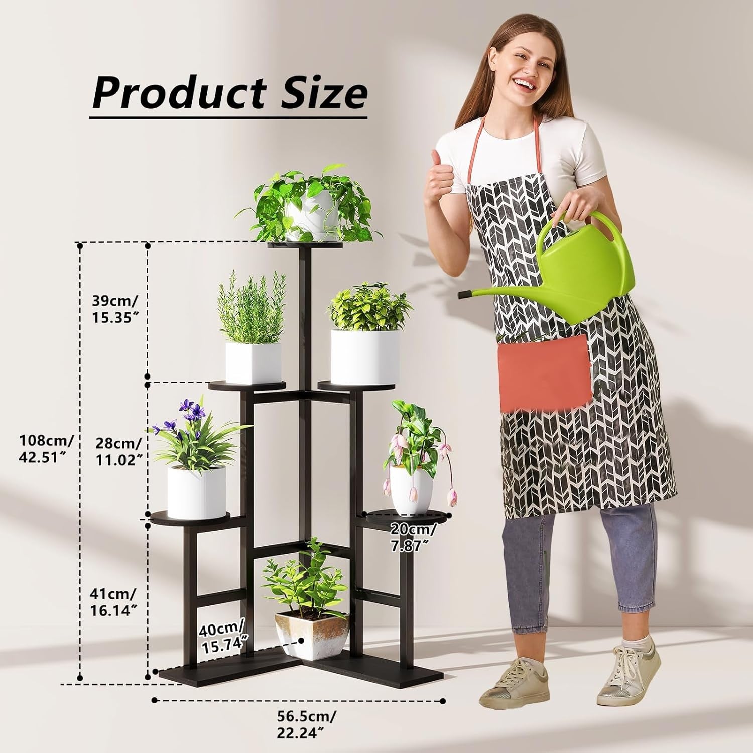 6 Tier Black Metal Wood Plant Stand | Tall Indoor Corner Flower Pot Display Shel