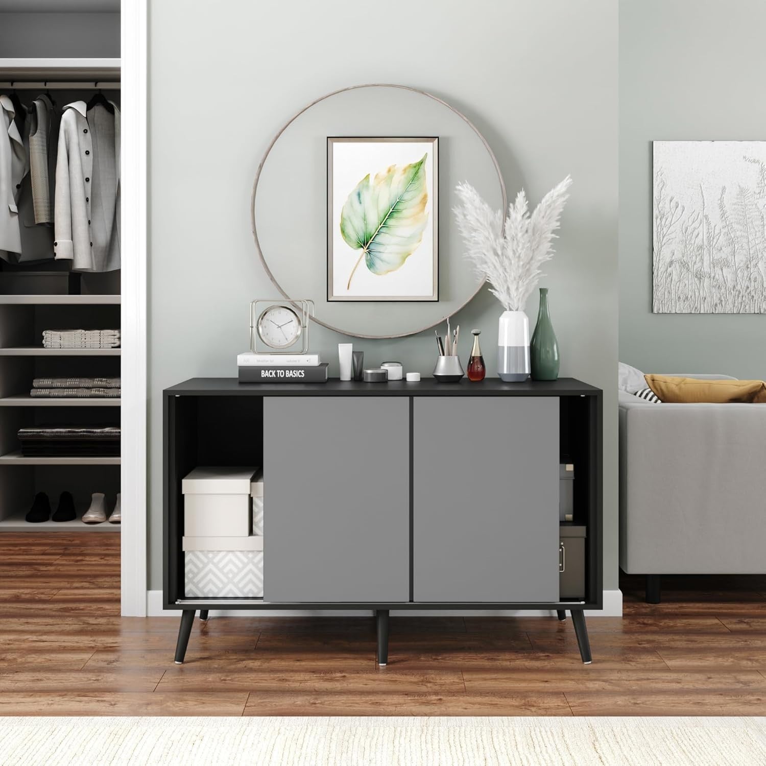 3 Door Sliding Sideboard Cabinet Wooden Black Leg Modern Storage Organizer Grey