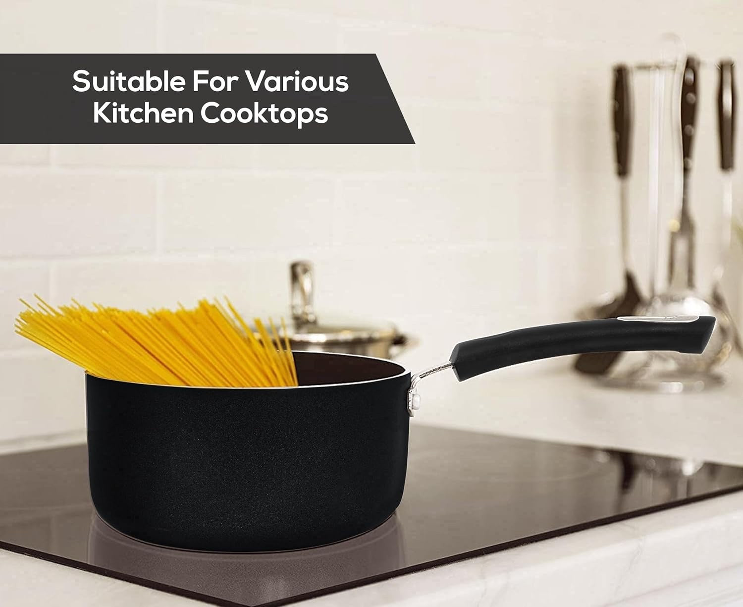 6Pcs Black Non-Stick 2L Saucepan Set with Glass Lids, Induction Compatible