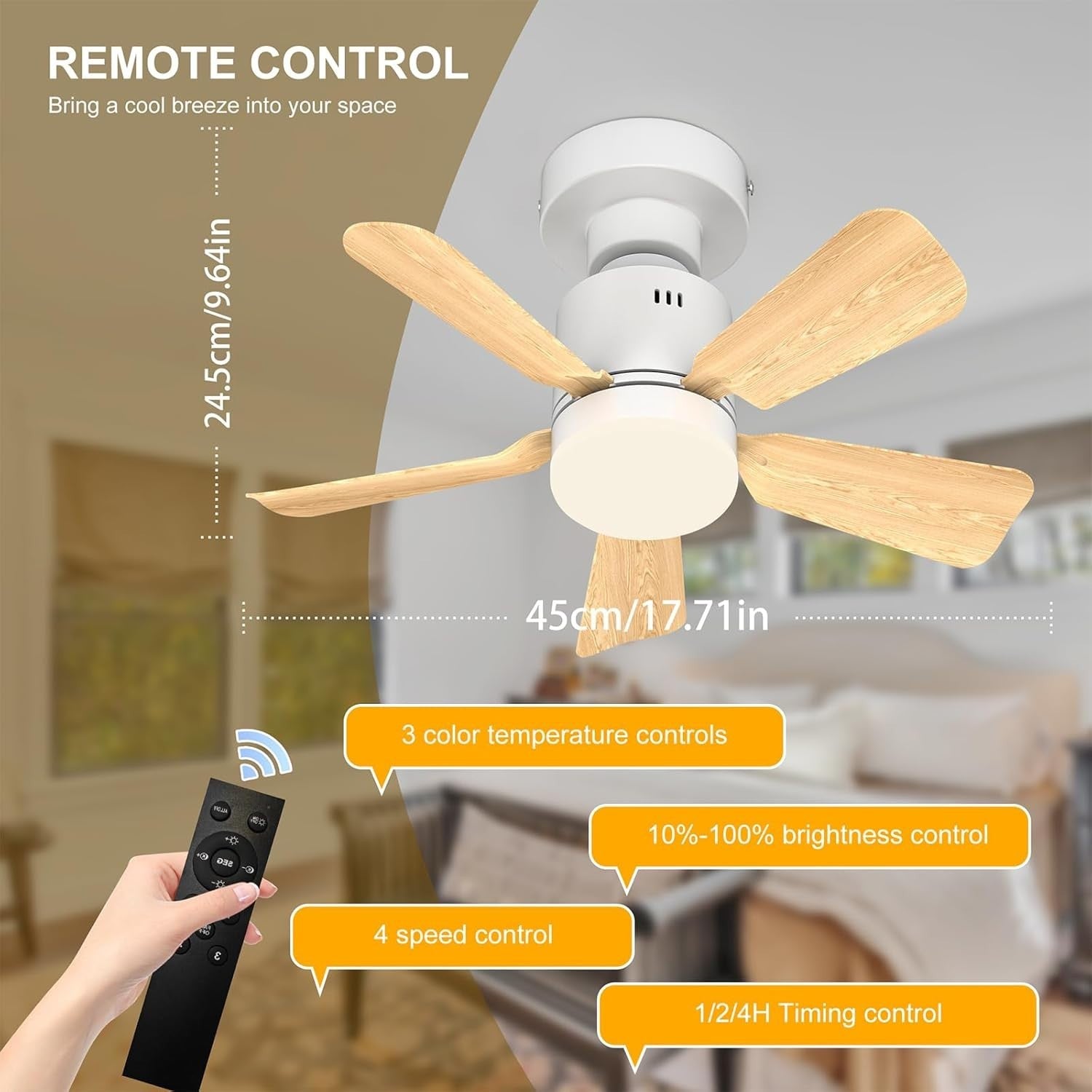 45cm Screw-In Ceiling Fan Light 4 Speeds 3 Colors Wood Grain