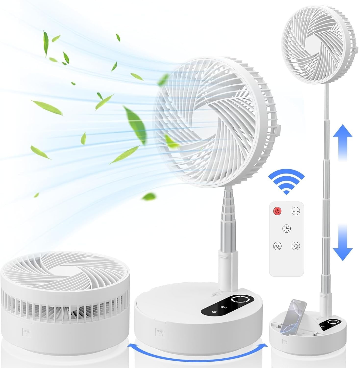 9.5" Portable Standing Fan – Rechargeable Folding Desk & Floor Fan White 4 Speed