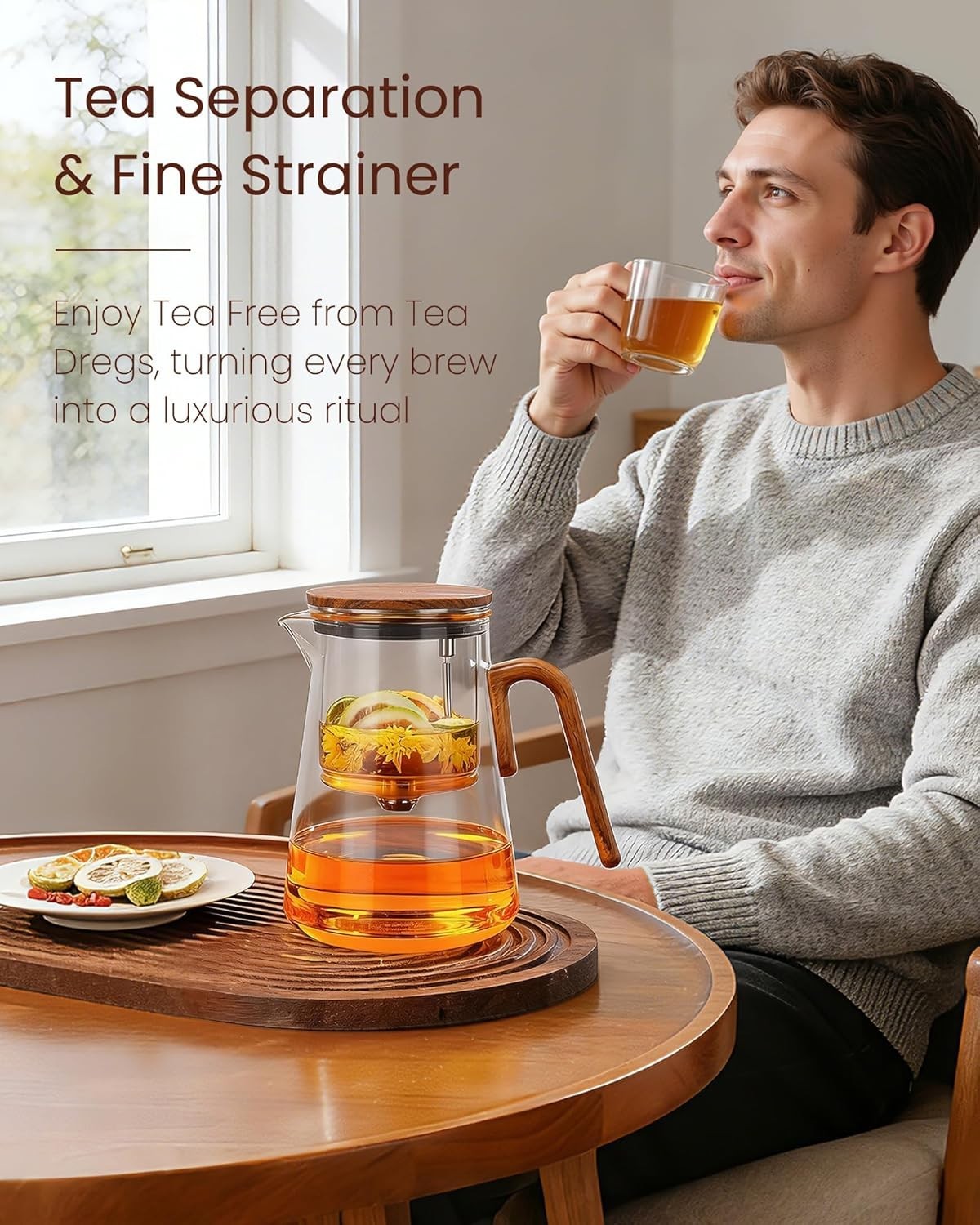 Magnetic Glass Teapot 1000ml Tea Pot w Infuser Walnut Handle Lid