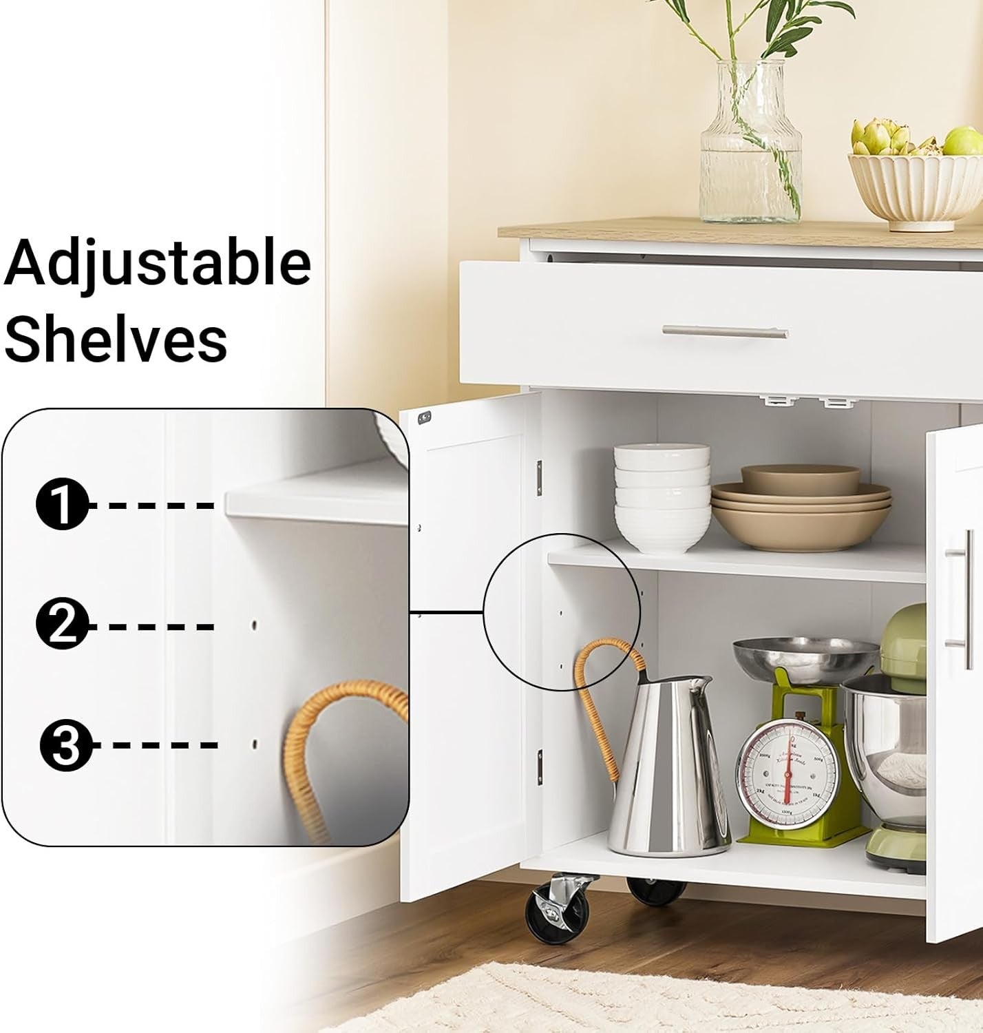 Kitchen Island on Wheels Storage Trolley with Drawer Cupboard Adjustable Shelf