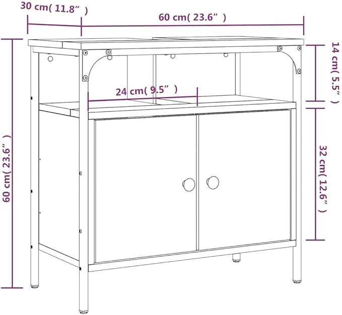 Smoked Oak Bathroom Sink Cabinet 60x30x60cm Rustic Under Sink Storage Unit