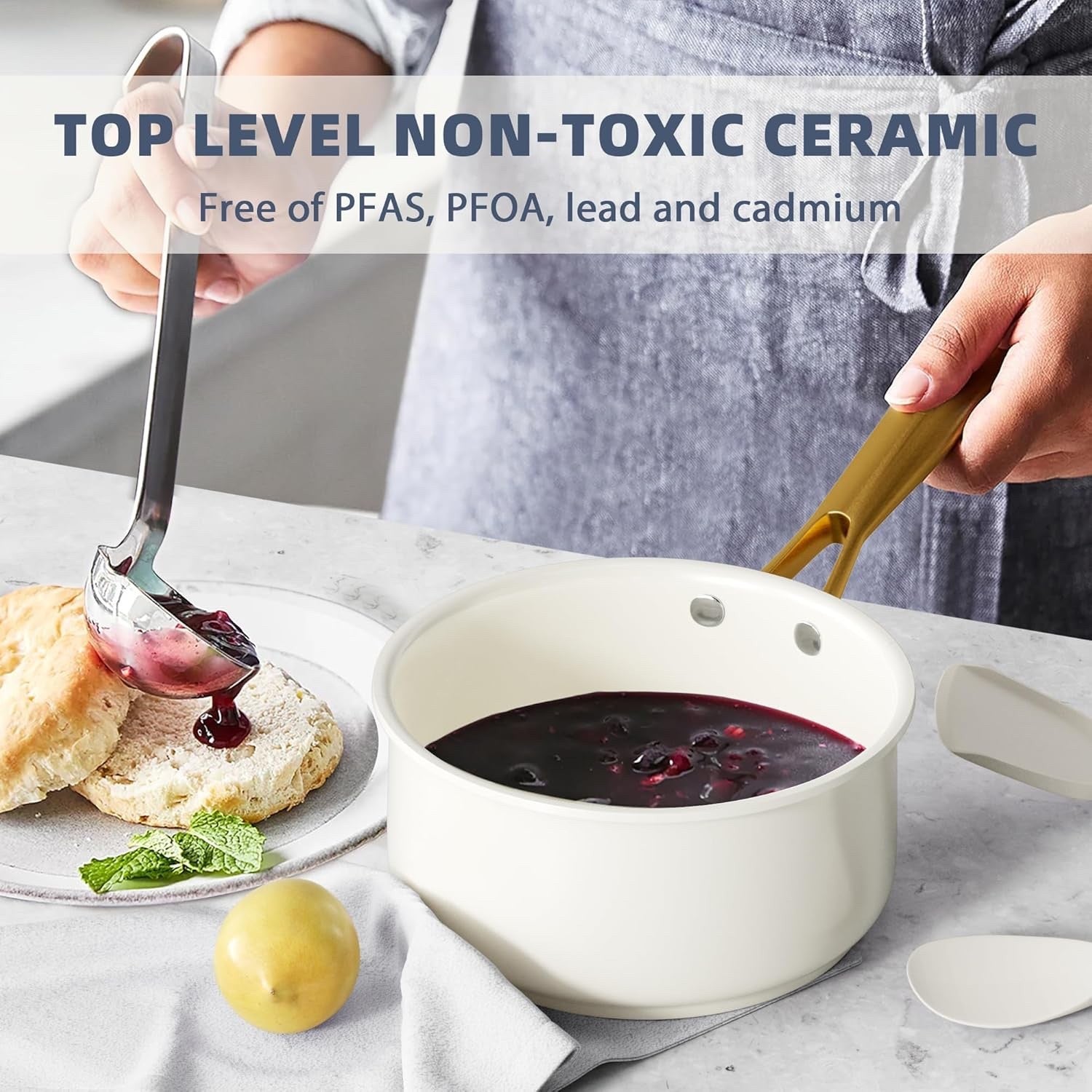 16Pcs Beige Ceramic Non Stick Cookware Set with Lids & Utensils Induction Safe