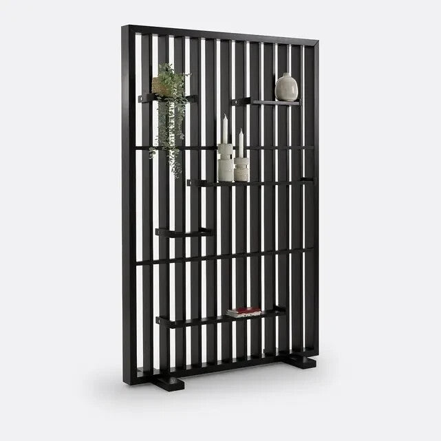 Black Solid Pine Room Divider Shelf – Modern Open Slatted Storage Unit