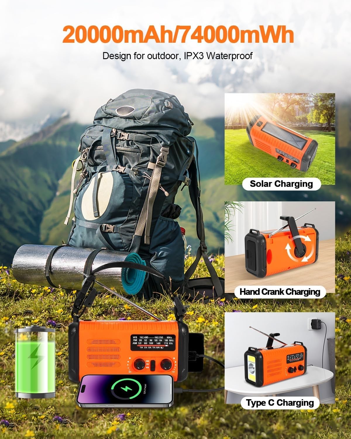Wind Up Orange Solar Emergency Radio with 20000mAh Battery, AM/FM & Flashlight