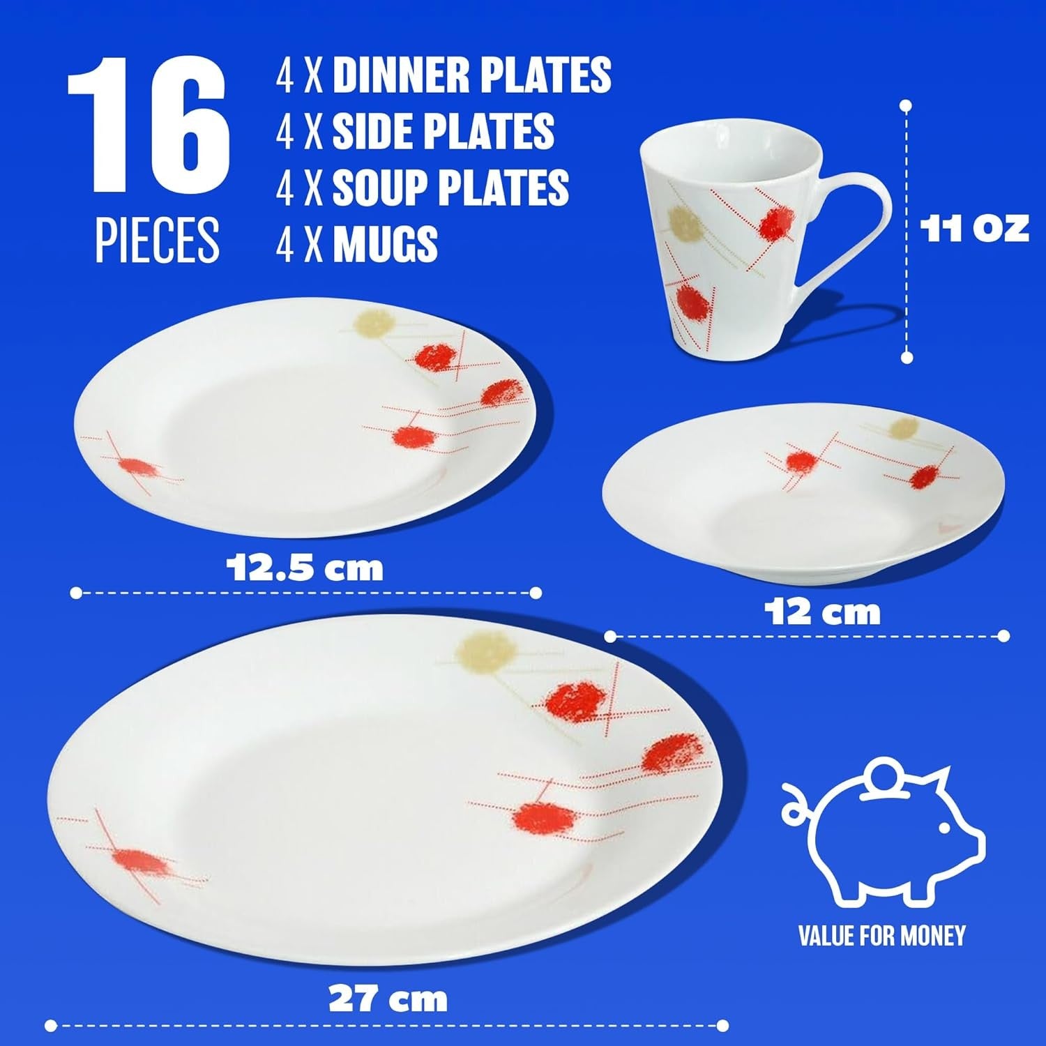 16pc Porcelain Dinner Set Plates Bowls Mugs Cream Red Microwave Safe