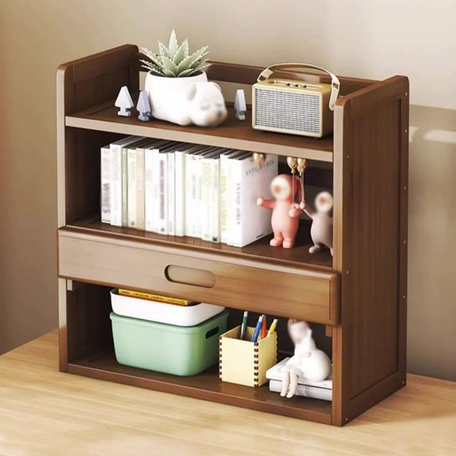 Bamboo Desktop Bookshelf Organizer w/ Drawer | 3-Shelf Desk Hutch 50cm