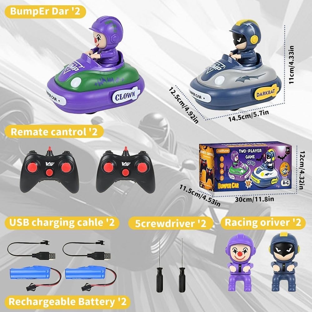 2 Pack RC Bumper Cars for Kids – Bat Design, Lights, Sound & Ejecting Drivers