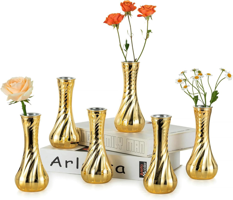 Gold Glass Bud Vase Set of 6 Vintage Ribbed Flower Vases Table Decor