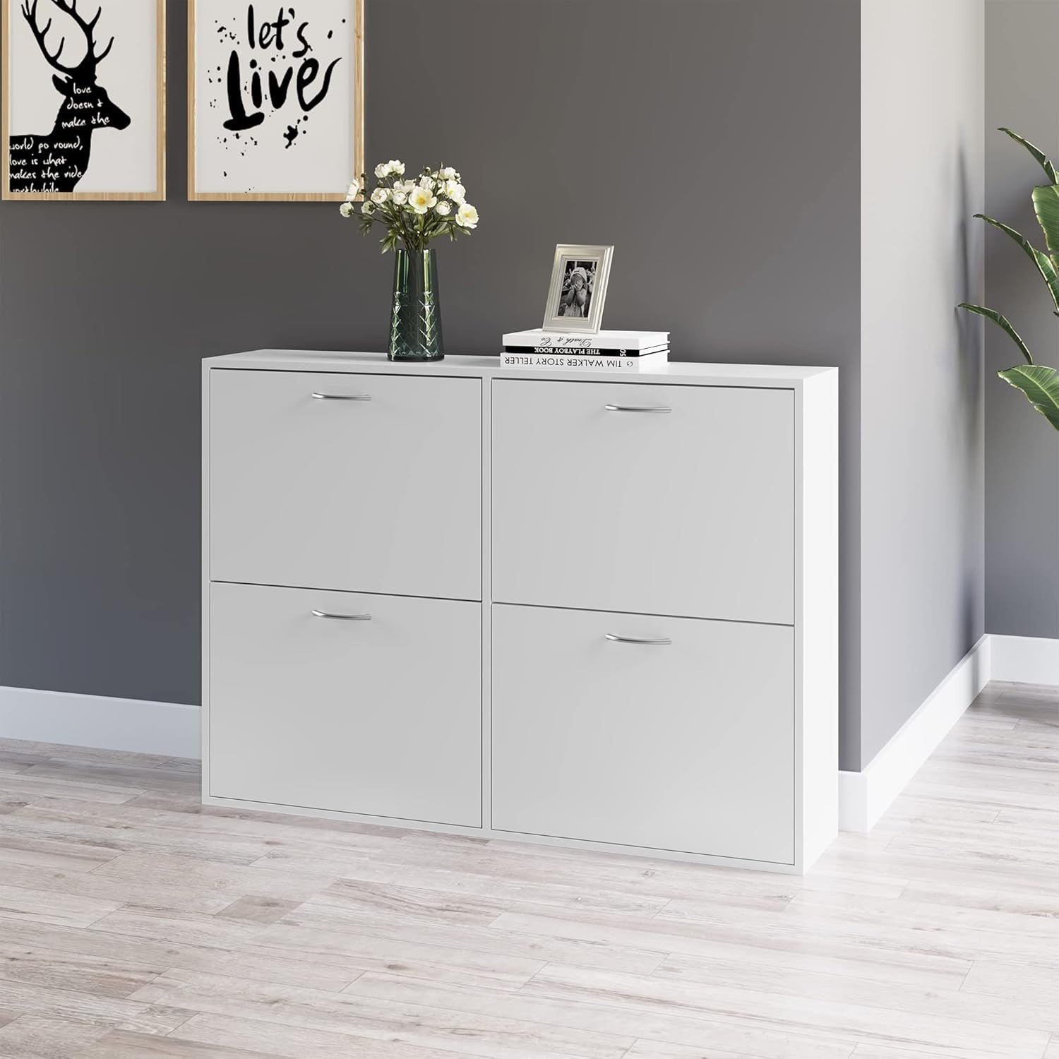 4 Drawer Shoe Cabinet Storage Unit – Modern Slim Cupboard with Flip Doors – Whit