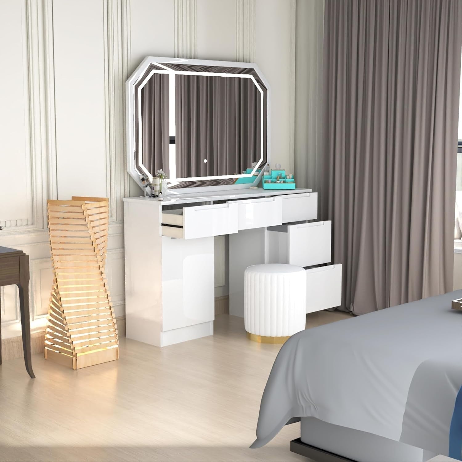 White LED Vanity Dresser Table Set 7 Drawer Makeup Mirror Stool Wood Storage