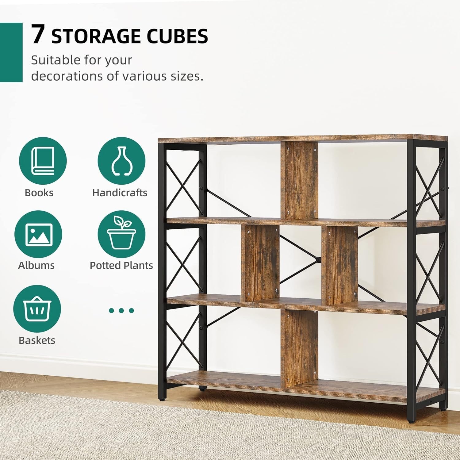 4 Tier Industrial Cube Bookcase Retro Brown Metal Frame Storage Display Shelf