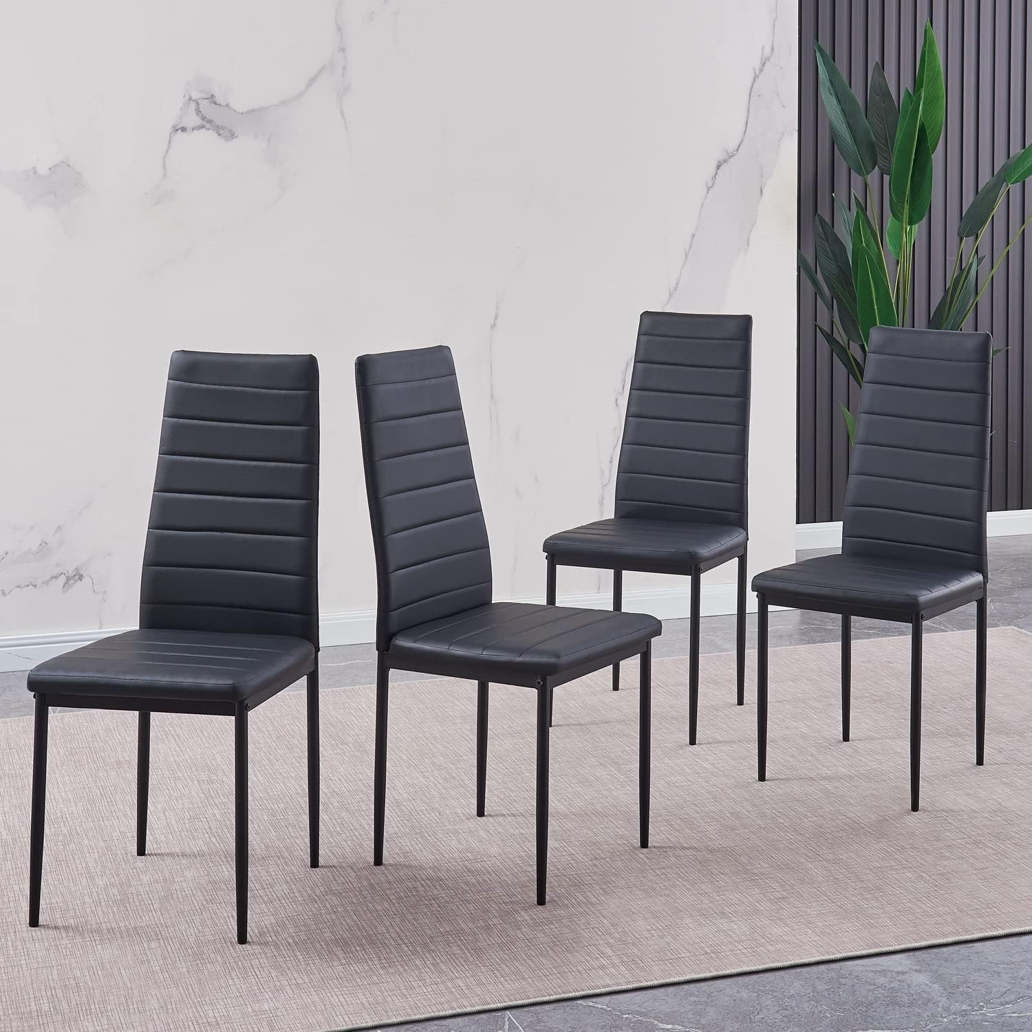5 Piece Marble Dining Table Set Glass Top + 4 Faux Leather Chairs Black