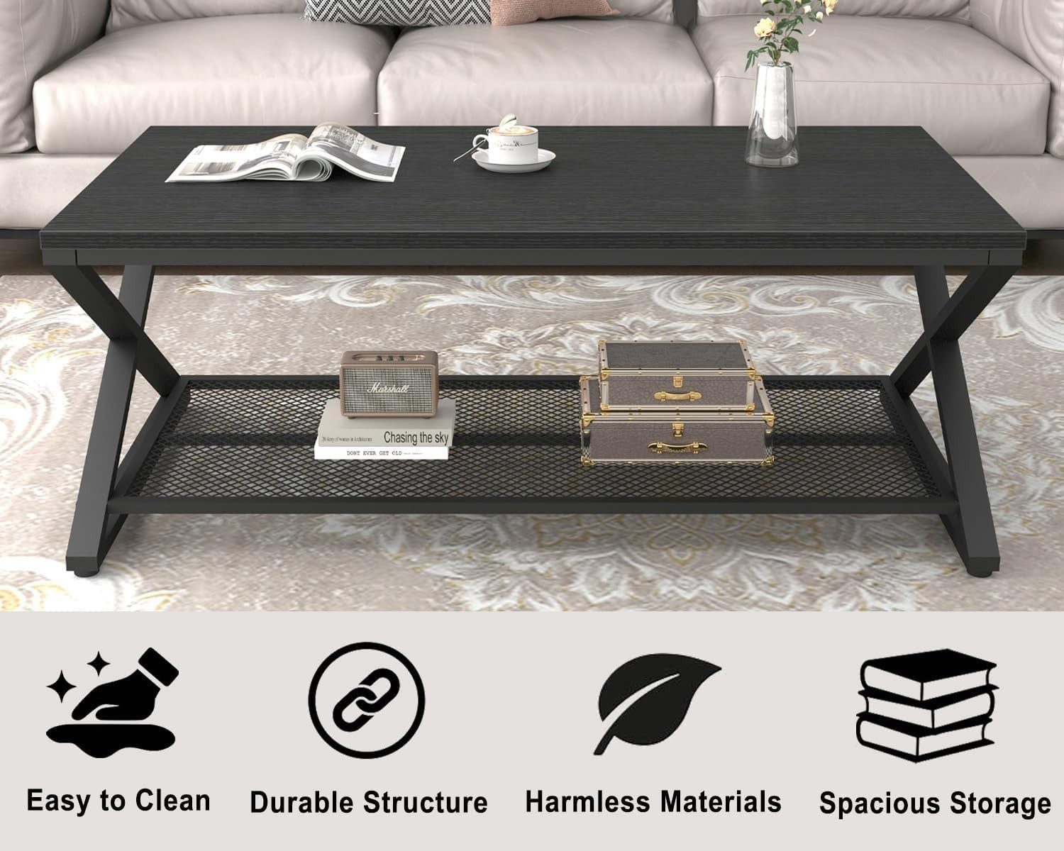 Modern Black Oak Coffee Table with Shelf – Industrial 2 Tier Rectangular Center