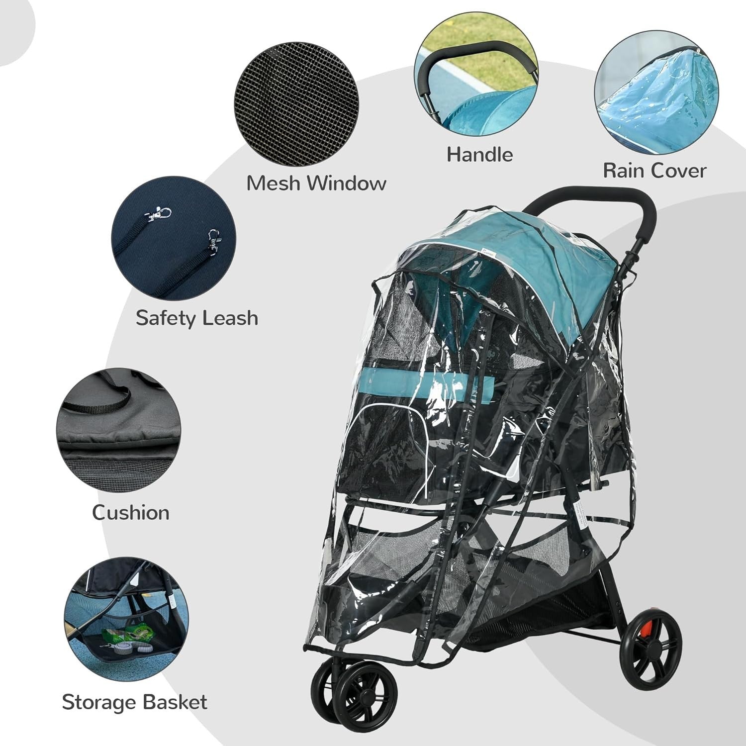 3 Wheel Dog Pram Pet Stroller with Rain Cover Foldable Small Dogs
